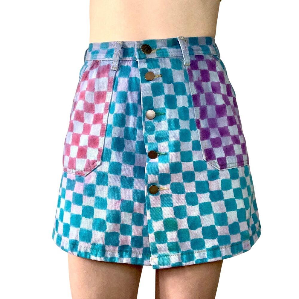 Hand Painted Checkerboard Vintage Denim Mini Skirt Reworked Blue Pink 29 Blue